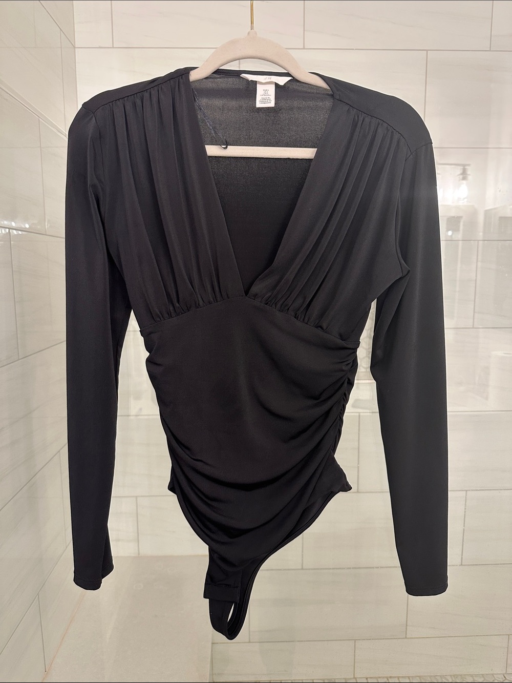 H&M Black Long-Sleeve V-Neck Ruched Bodysuit